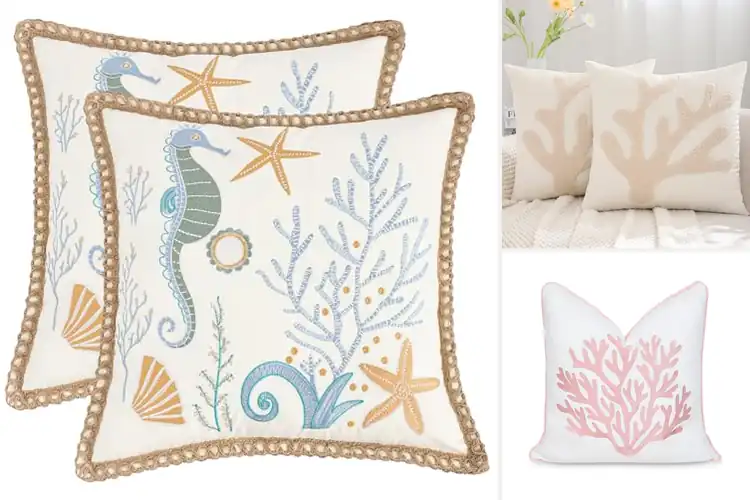 Detailed view of best coral embroidered pillow covers