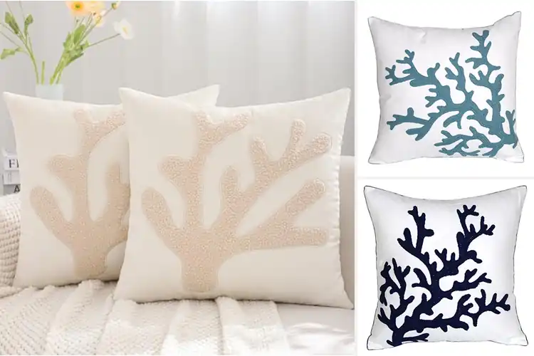 Detailed view of Best Embroidered Sea Life Coral Nautical Pillow Covers