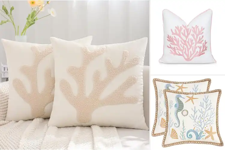 Detailed view of Best Embroidered Sea Life Coral Pattern Pillow Cover