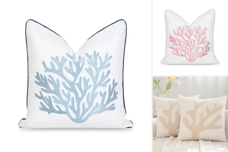 Detailed view of Best Embroidered Sea Life Coral Pillow Cover