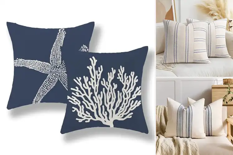 Detailed view of Best Navy Blue And White Coastal Color Pillow Cover